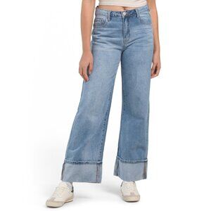 FLYING ANGEL Medium Wash High Rise Wide Leg Jeans With Cuff